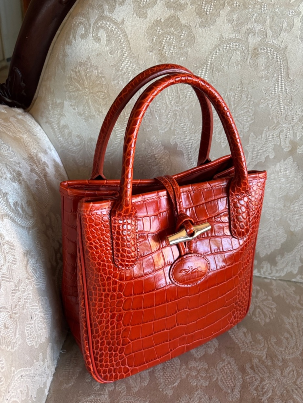 Croc-Embossed Orange Leather Satchel with Polished Hardw - Picture 9 of 10